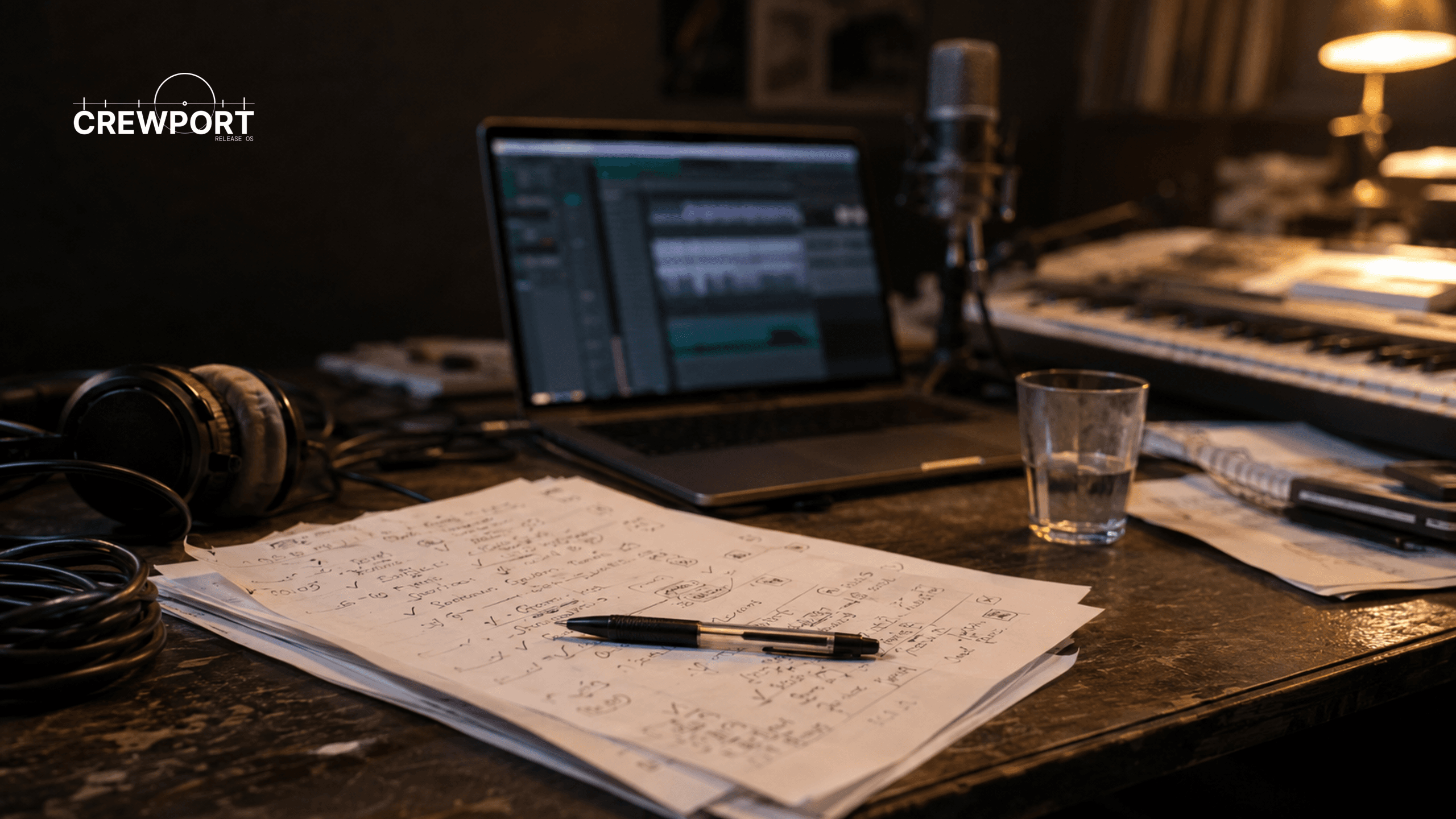 Annotated session credit sheets on a producer’s desk surrounded by recording equipment in a small home studio.