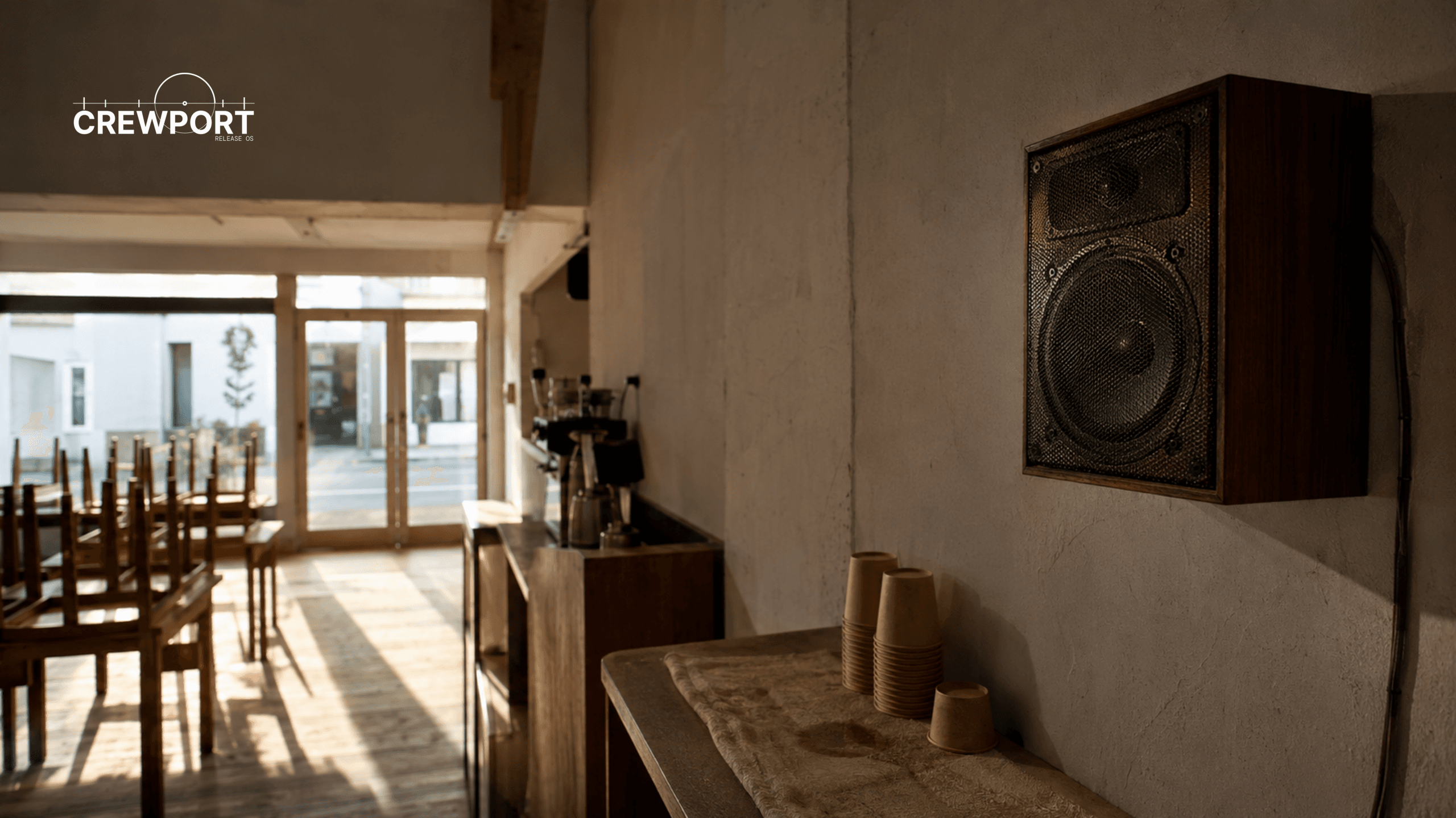 Worn wall-mounted speaker inside a quiet Japanese café before opening, illuminated by warm early-morning sunlight. crewport