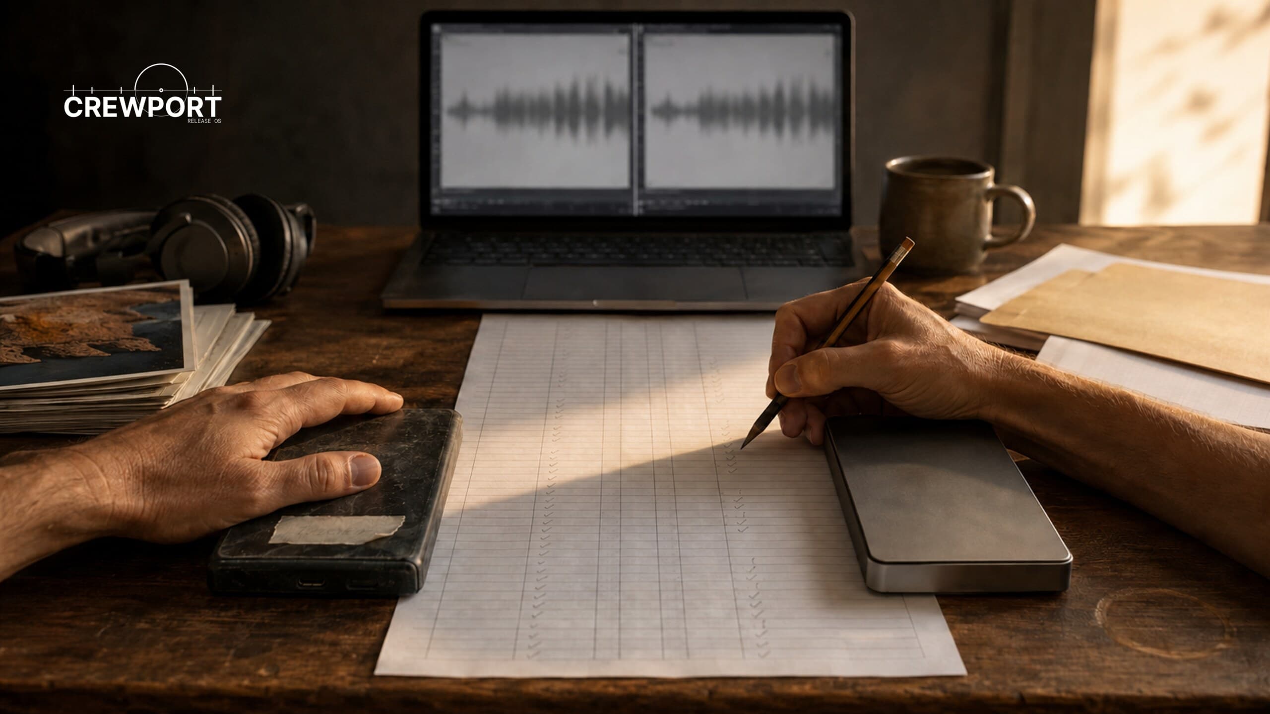 Two people verify a catalog manifest between an older and a newer external drive during a careful music catalog handover.