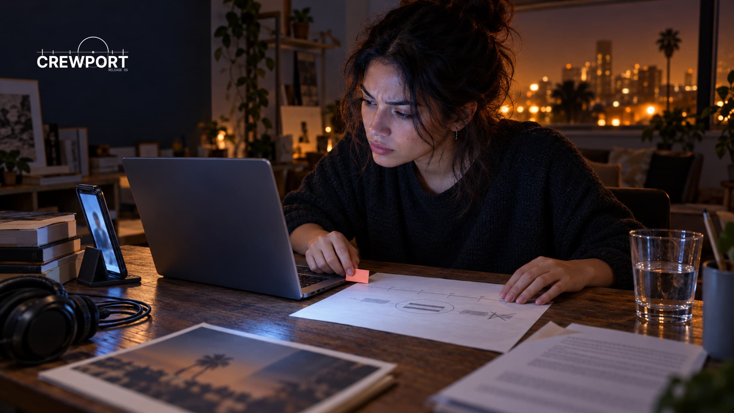 A woman compares a phone, laptop and paper campaign timeline in a late-night Los Angeles apartment studio.